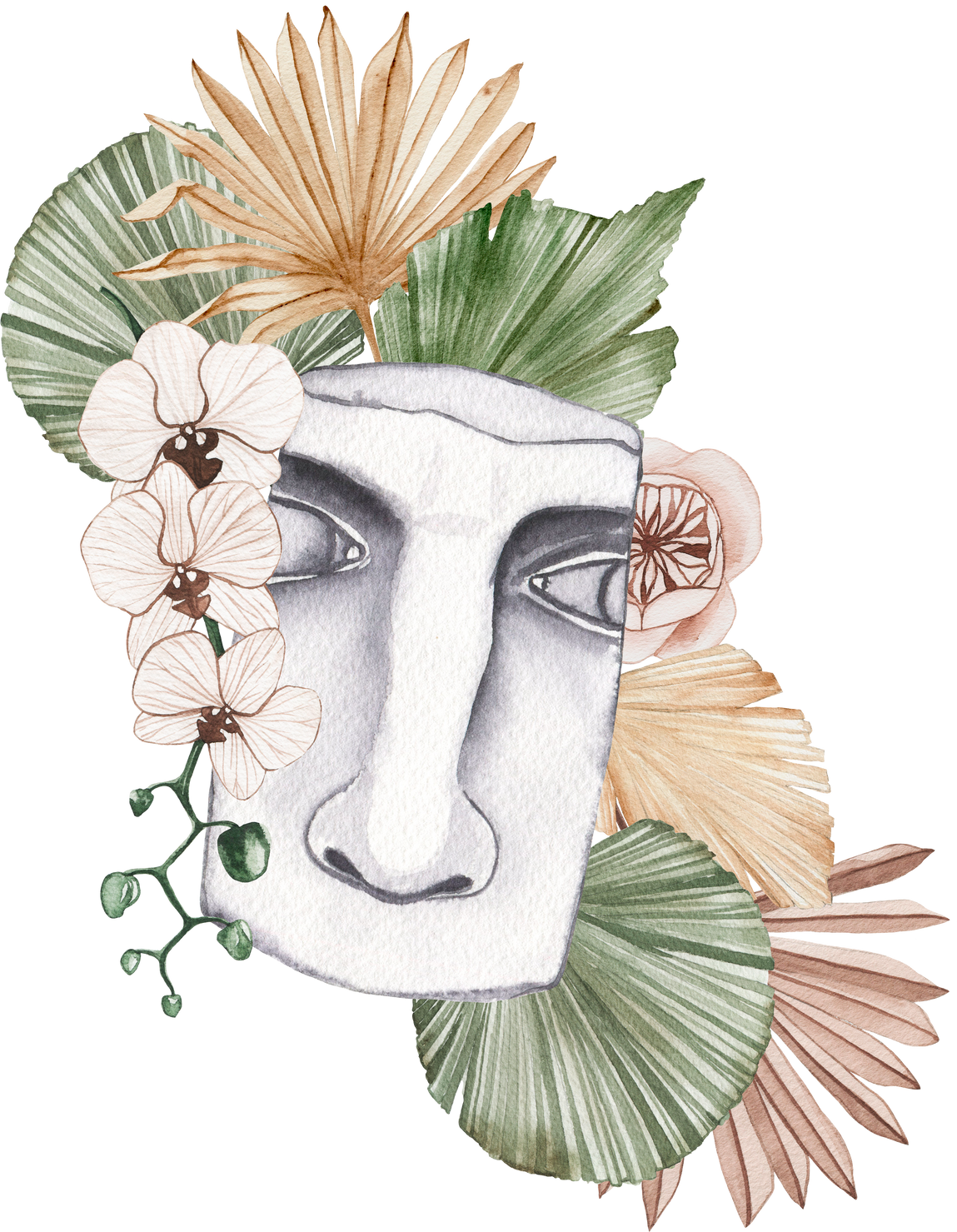 Watercolor antique marble statue of half face with tropical boho flowers illustration